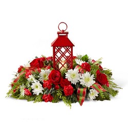 Christmas Centerpiece Red Lantern from Kinsch Village Florist, flower shop in Palatine, IL